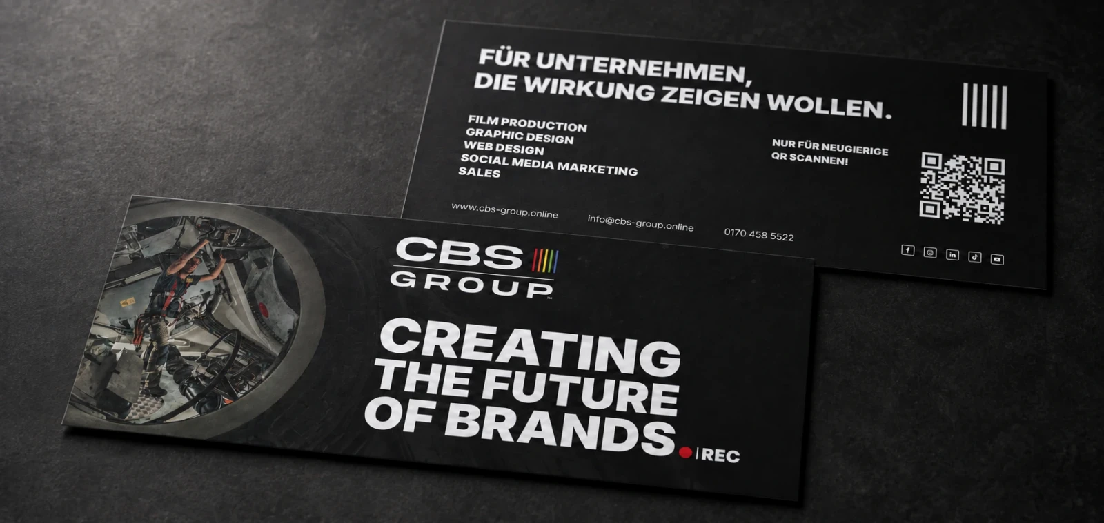 CBS Group panoramic flyer front and back mockup, with Graphic Design spelling corrected