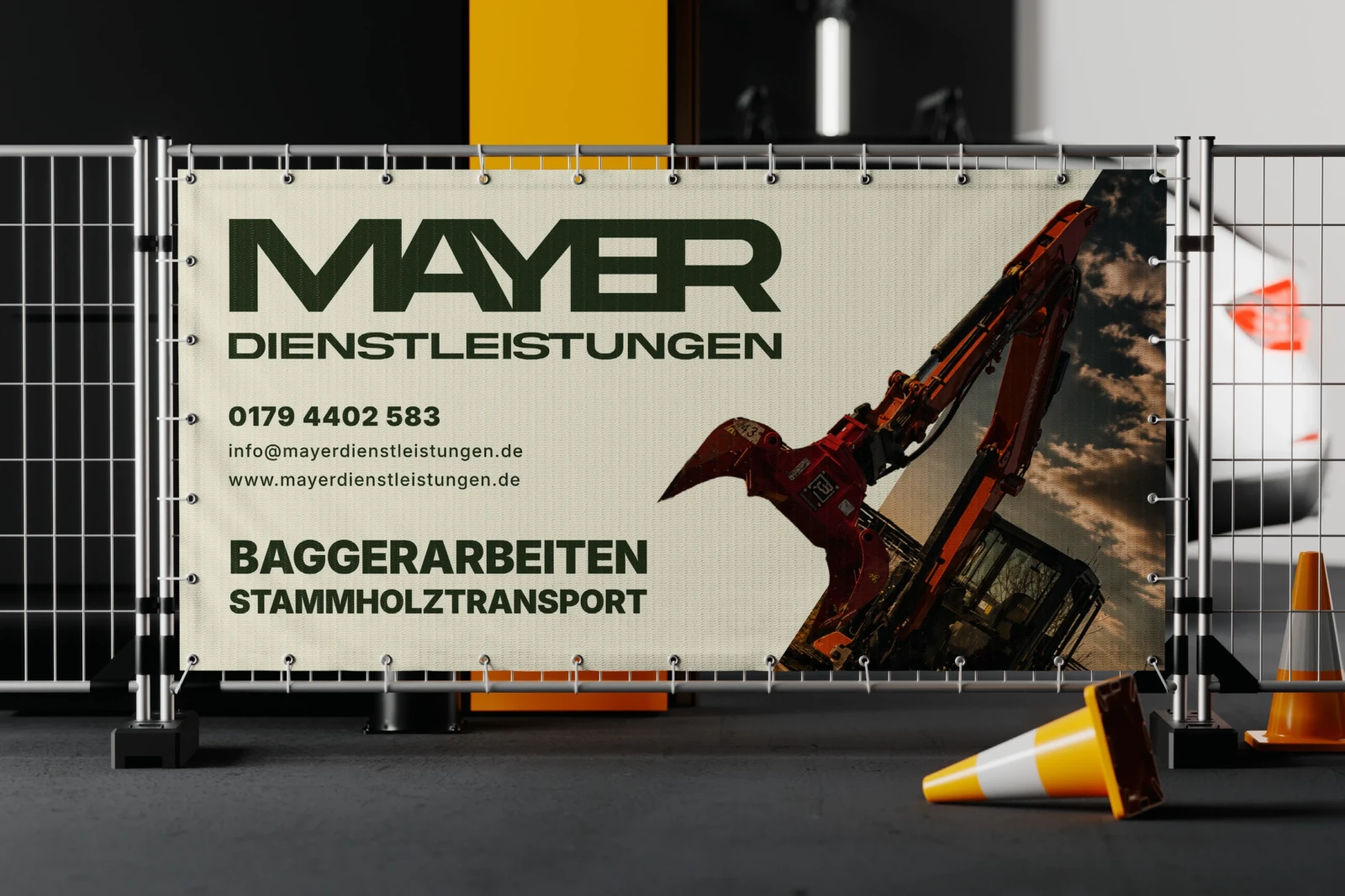 Original Mayer Dienstleistungen construction-site banner for excavation and timber transport.