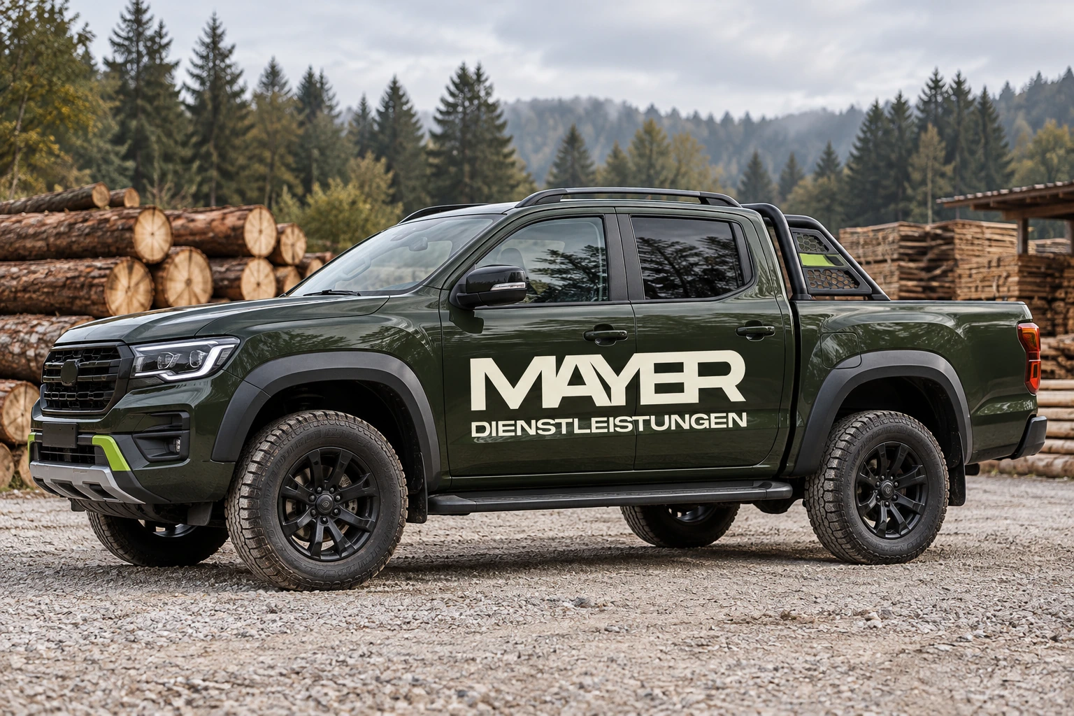 Forest-green Mayer Dienstleistungen work pickup at a timber yard. Brand application mockup.