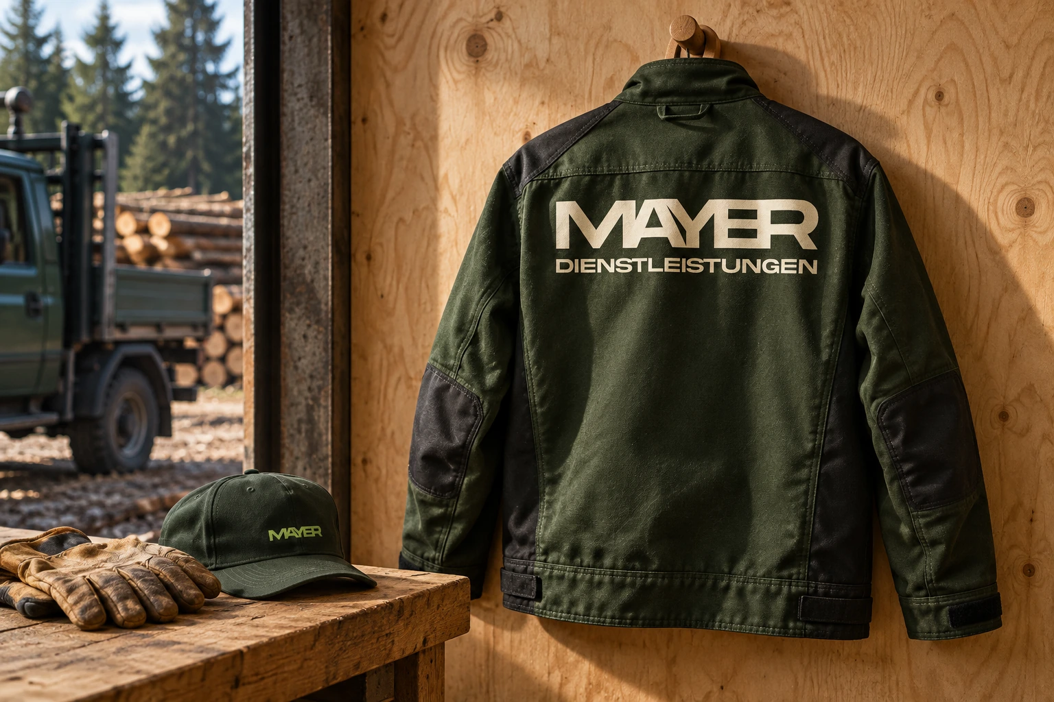 Mayer Dienstleistungen logo on a forest-green work jacket and cap. Brand application mockup.