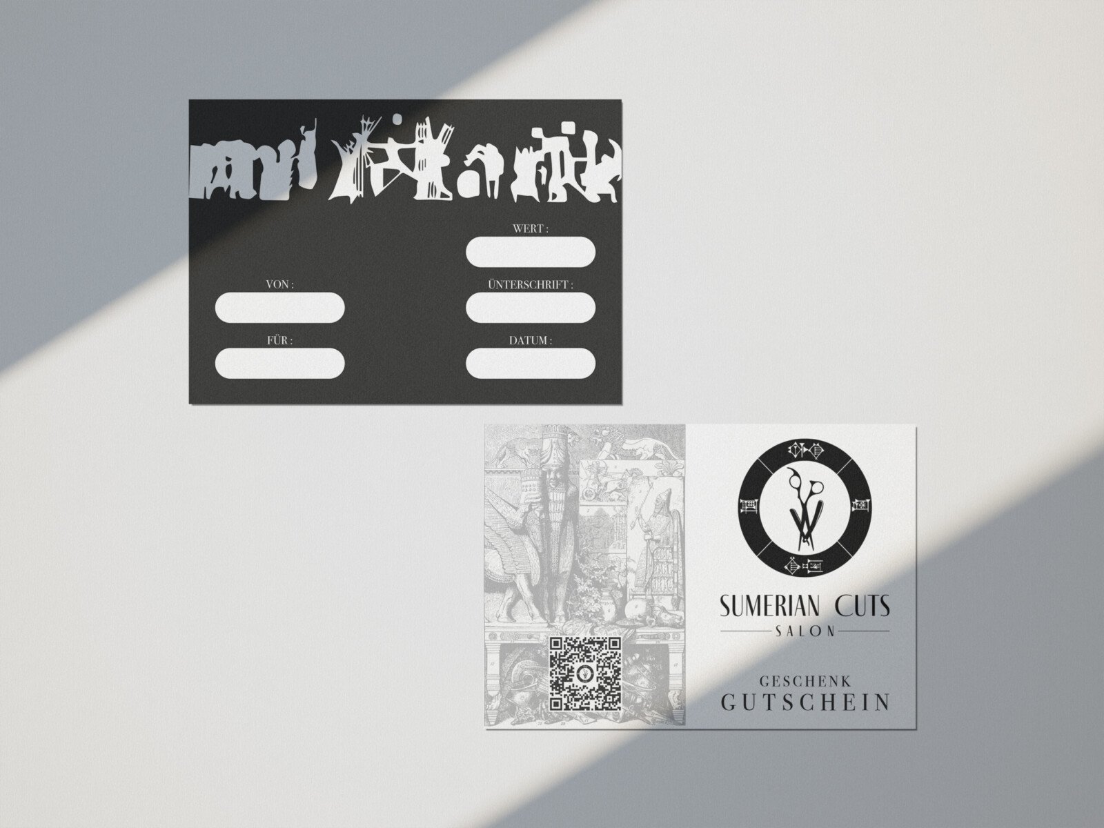 Sumerian Cuts gift voucher design, front and back mockup