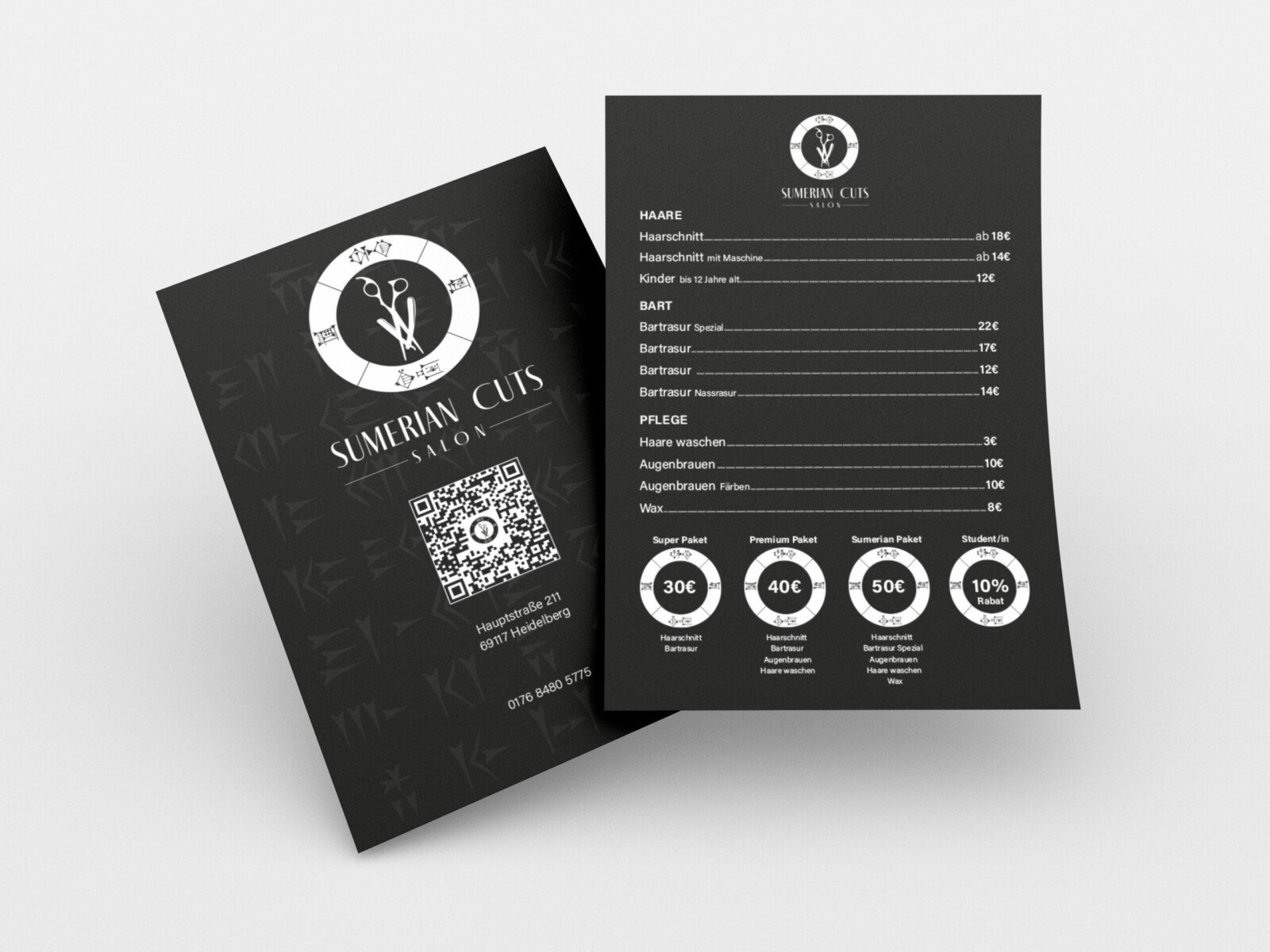 Sumerian Cuts price list flyer showing the logo, salon services and print design