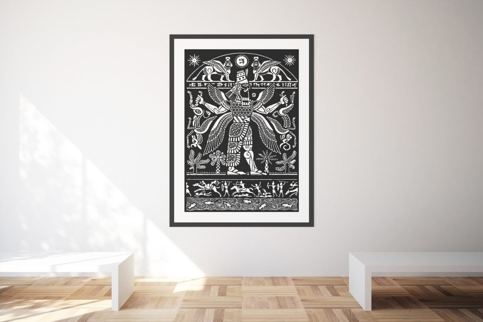 Sumerian Cuts monochrome wall artwork in a framed salon mockup