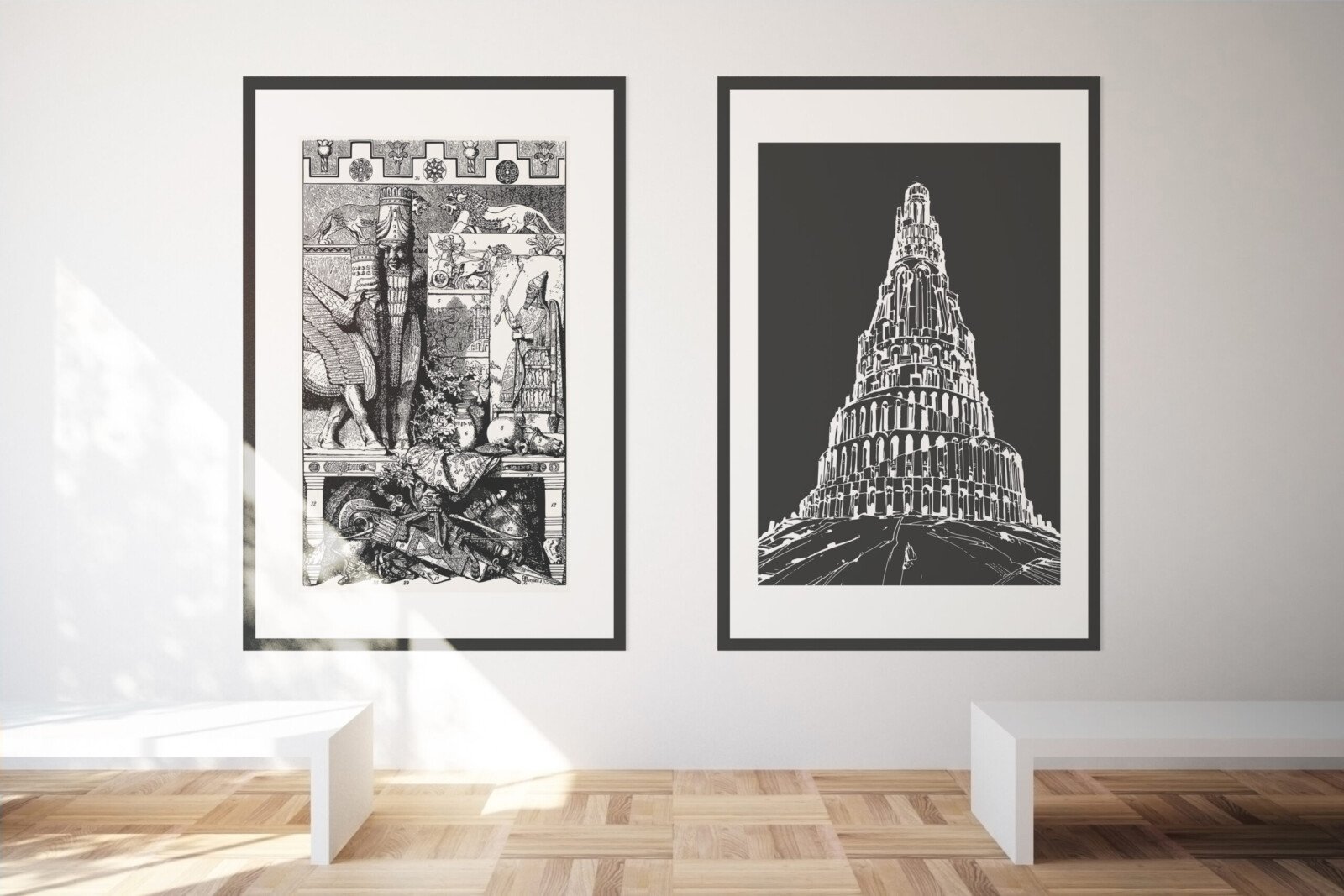 Two framed monochrome artworks for the Sumerian Cuts salon concept