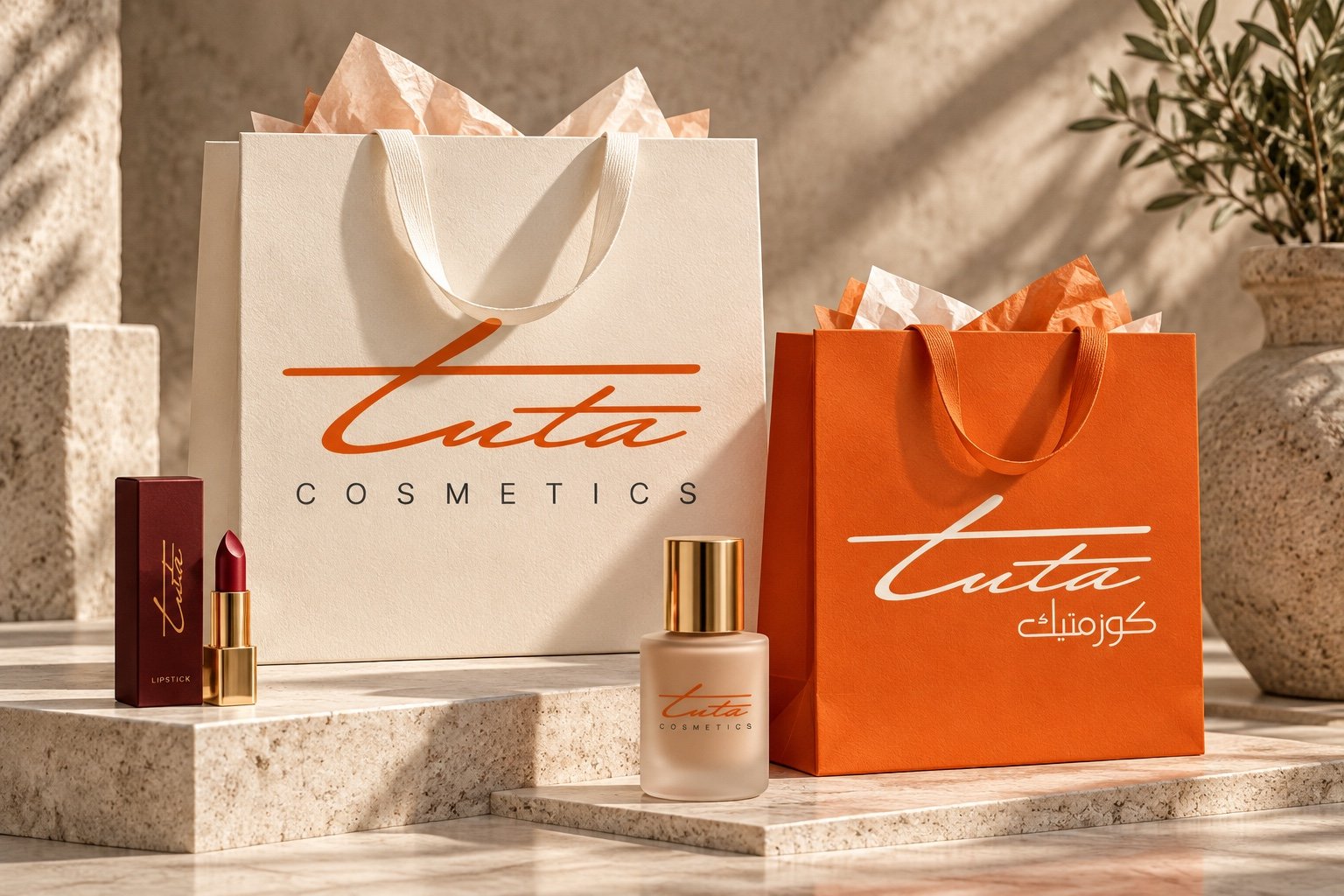 Tuta Cosmetics English and Arabic logos on ivory and orange beauty shopping bags.
