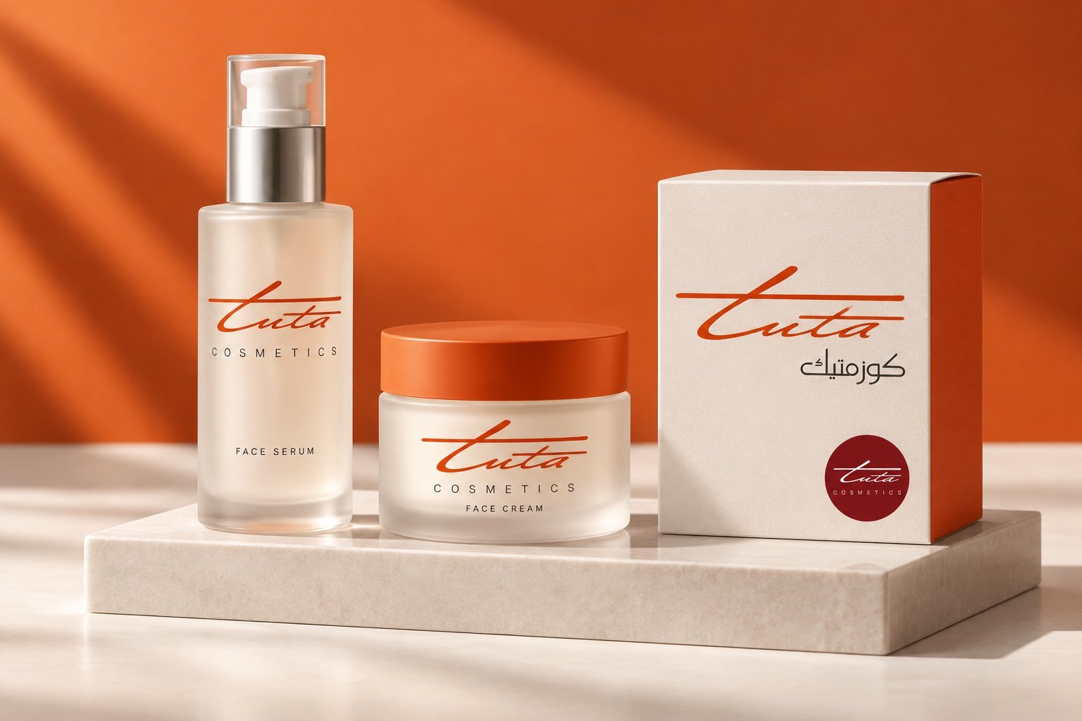 Tuta Cosmetics skincare packaging concept with frosted bottle, jar and bilingual carton.