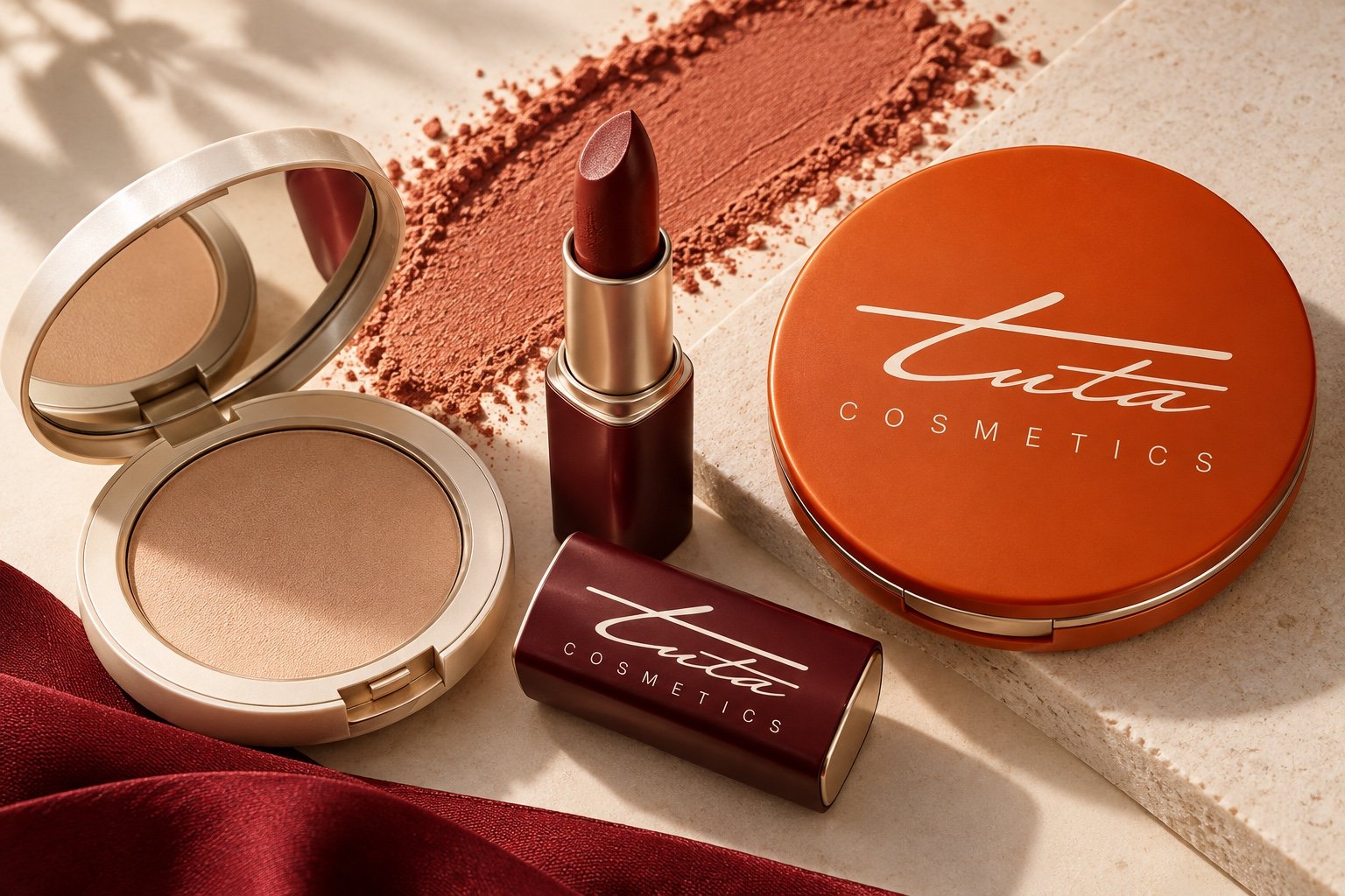 Tuta Cosmetics makeup packaging concept with lipstick and powder compacts.