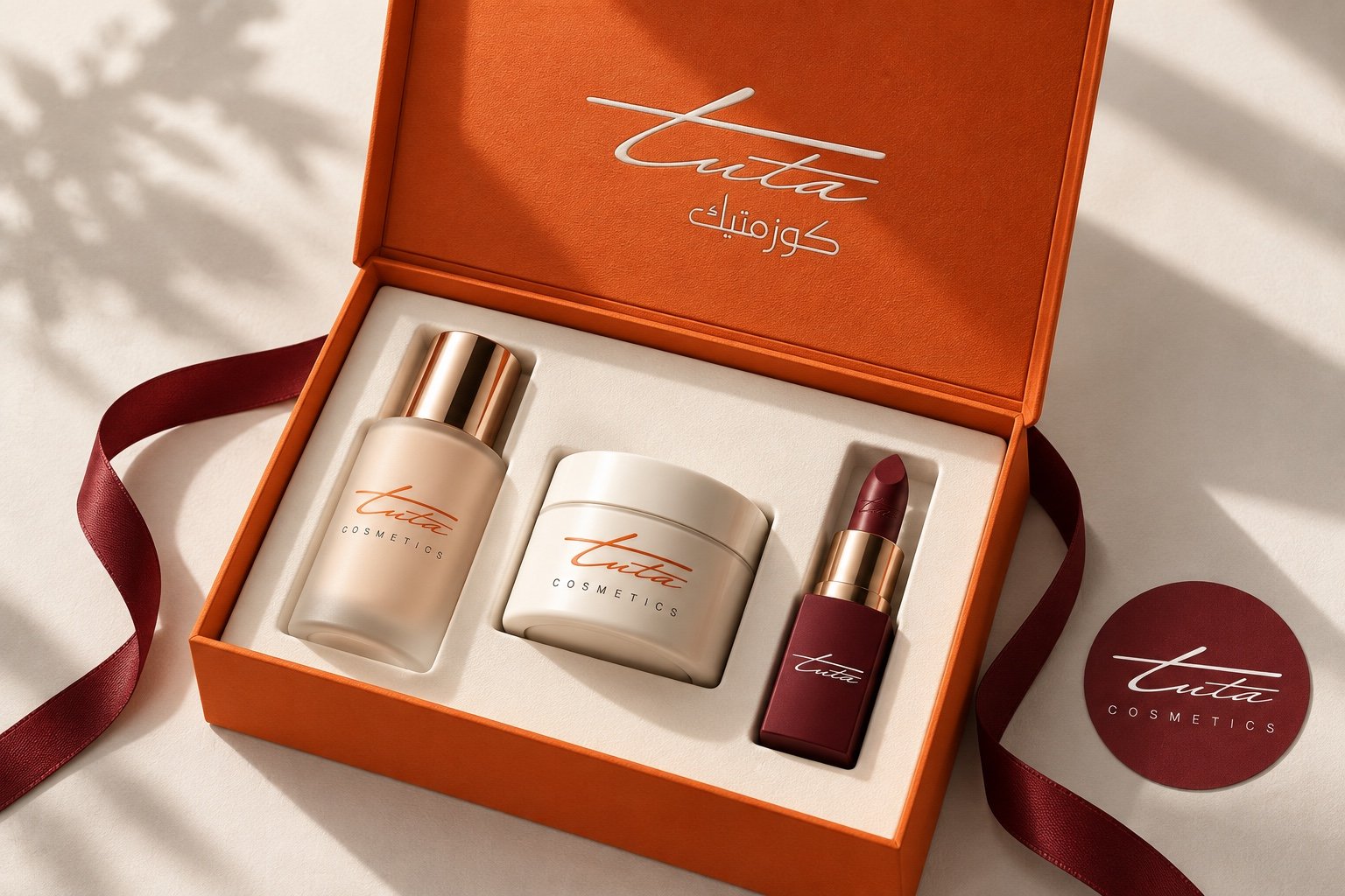 Orange Tuta Cosmetics gift box with skincare and makeup packaging concepts.
