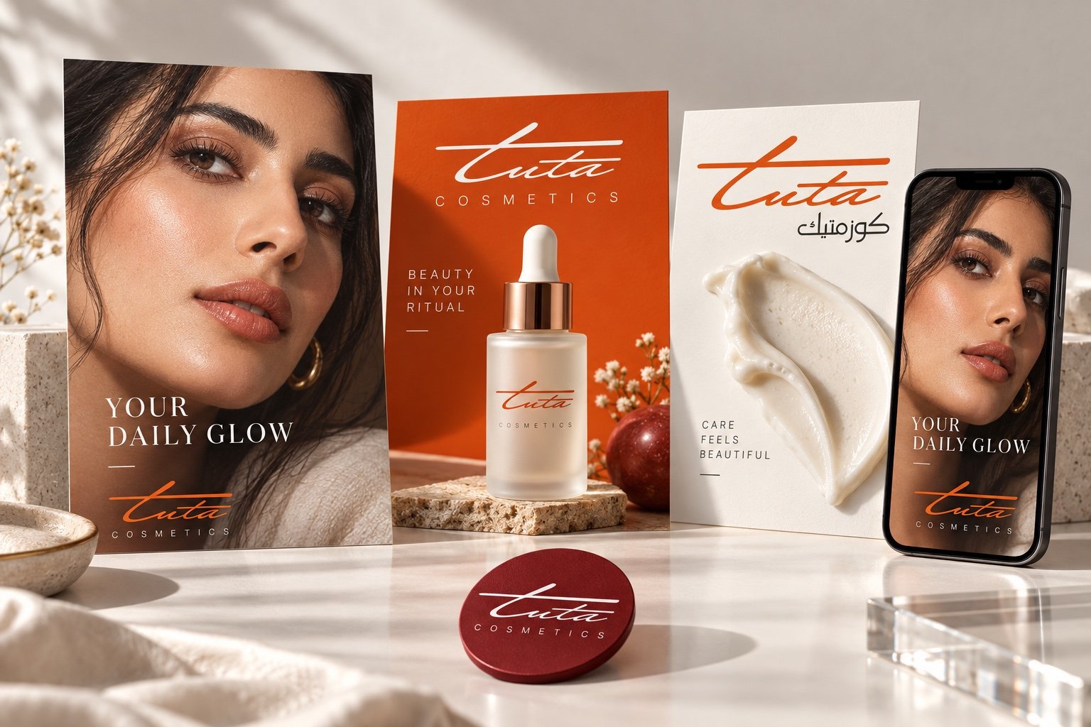Tuta Cosmetics social campaign concept with beauty portrait, product imagery and vertical story.