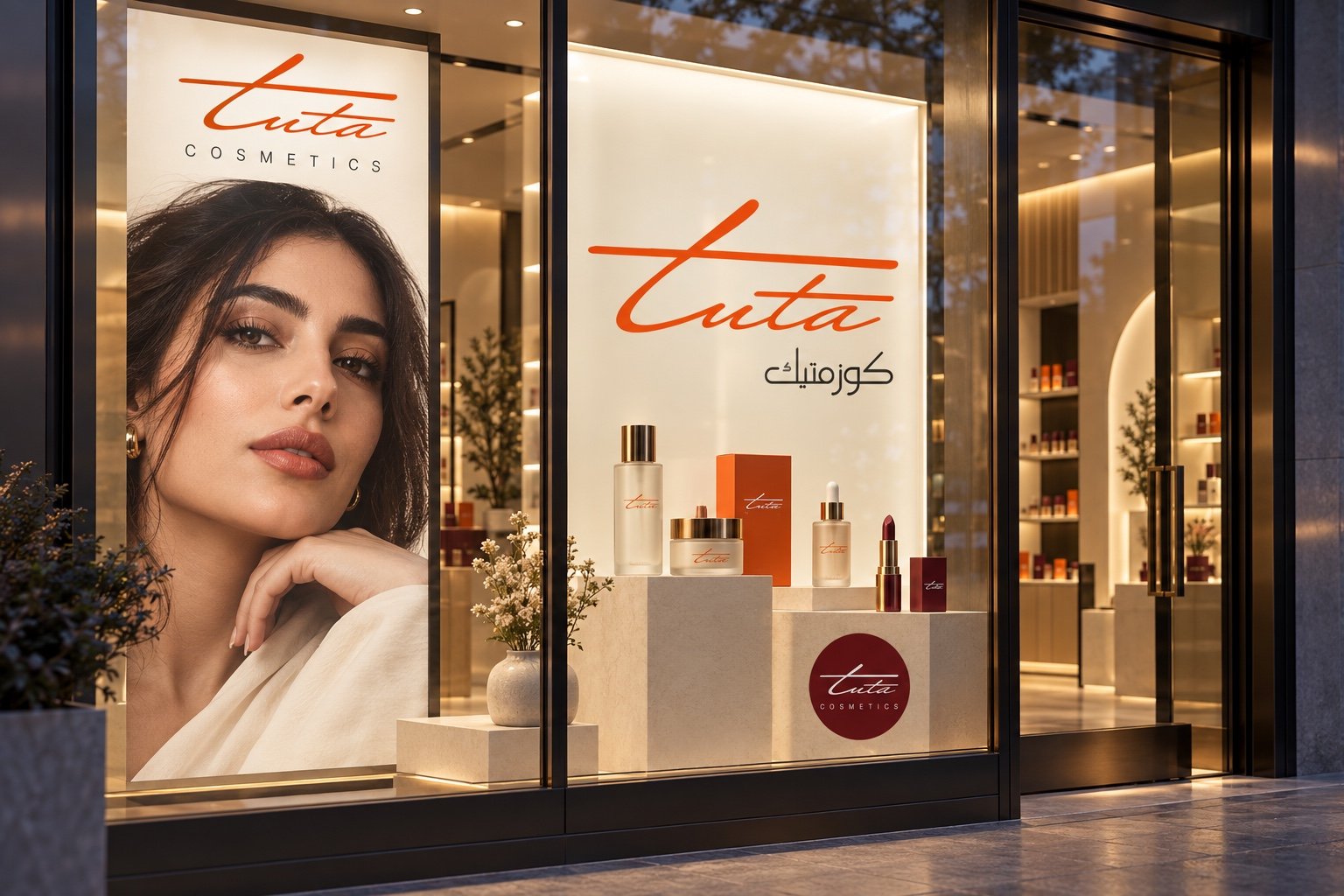 Conceptual Tuta Cosmetics storefront display with English and Arabic identity.