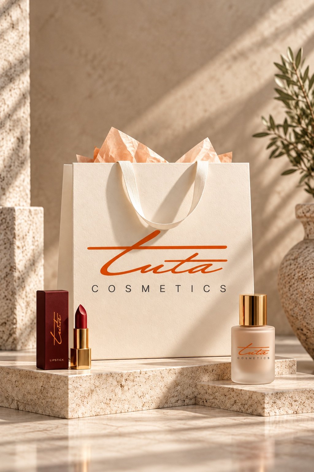 Portrait Tuta Cosmetics beauty shopping bag with the full English logo visible.